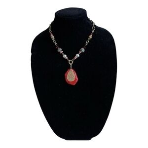 Barse Red Carnelian Crystal Calcite Pendant Bronze Boho Necklace 18.5"-21"